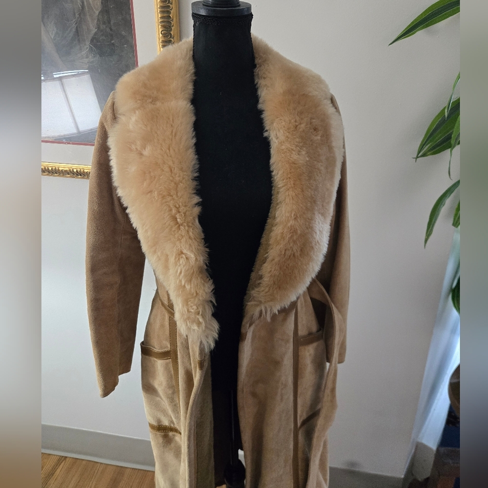 Long Vintage Suede Jacket Faux Fur Collar - Picture 3 of 16